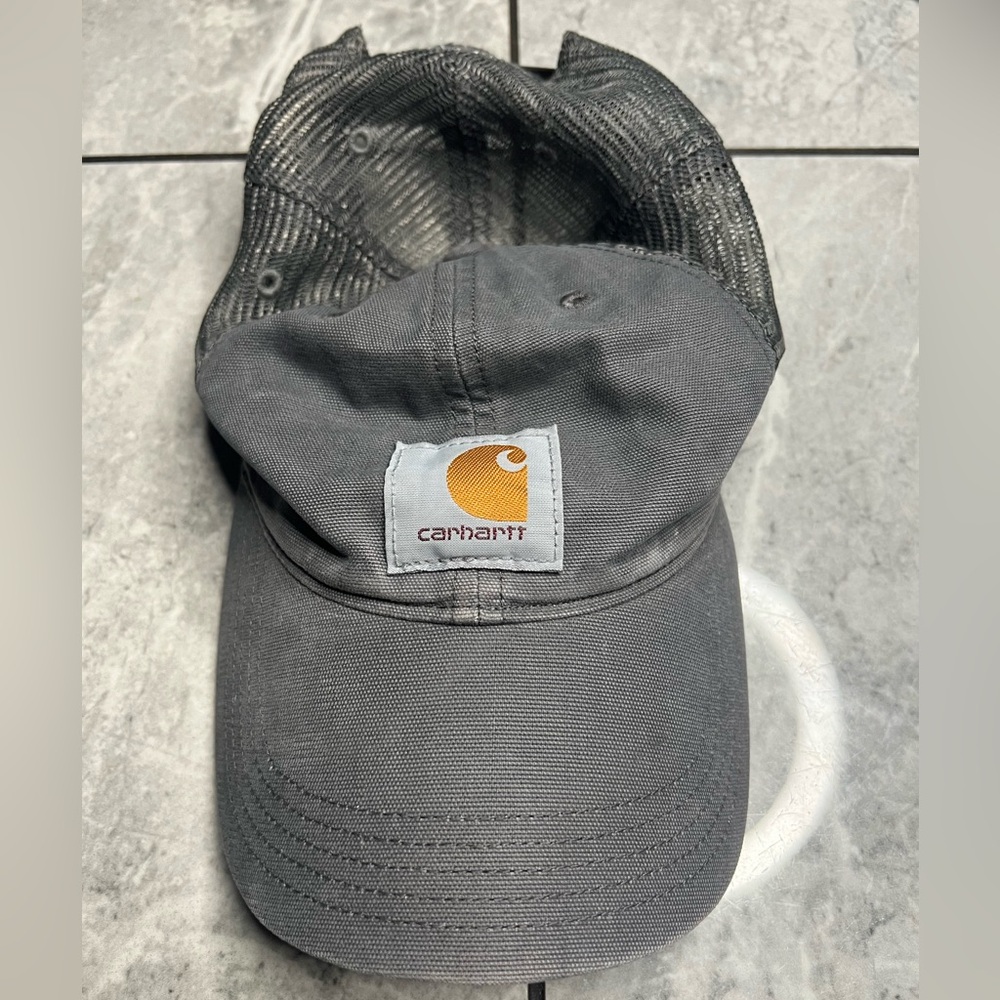 Carhartt Men's Grey Canvas Mesh Snap Back, Logo Build To Serve Protect People